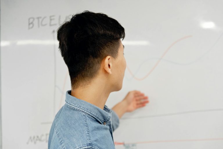 Man presenting business data analysis on a whiteboard indoors.